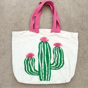 Cactus Canvas Tote With Pom Poms - White Pink & Green / Beach Bag / Tropical